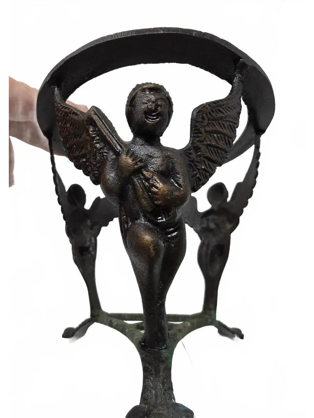Vintage Brass or Bronze Angel Bowl Stand Verdigris Tripod Pedestal